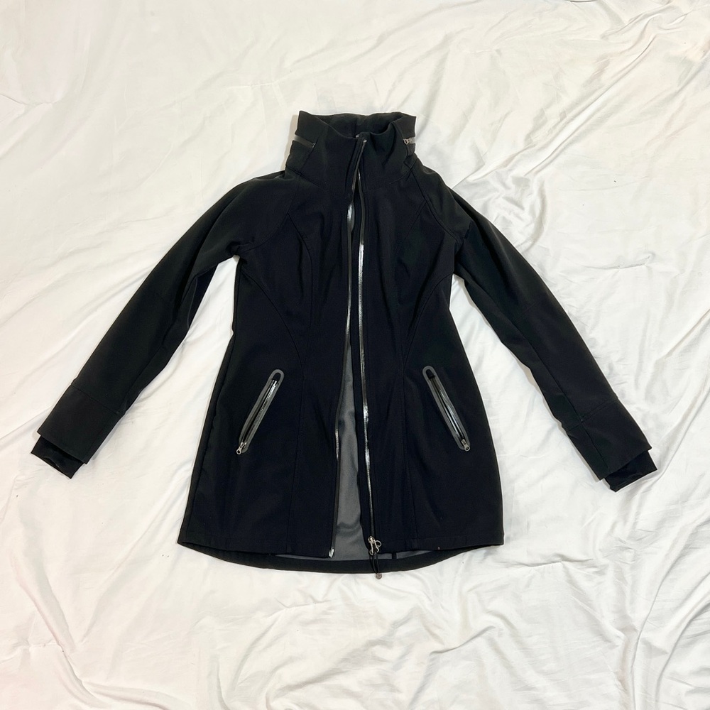 Athleta Black Fleece Lined Soft Shell Adjustable Hooded Jacket | Small
